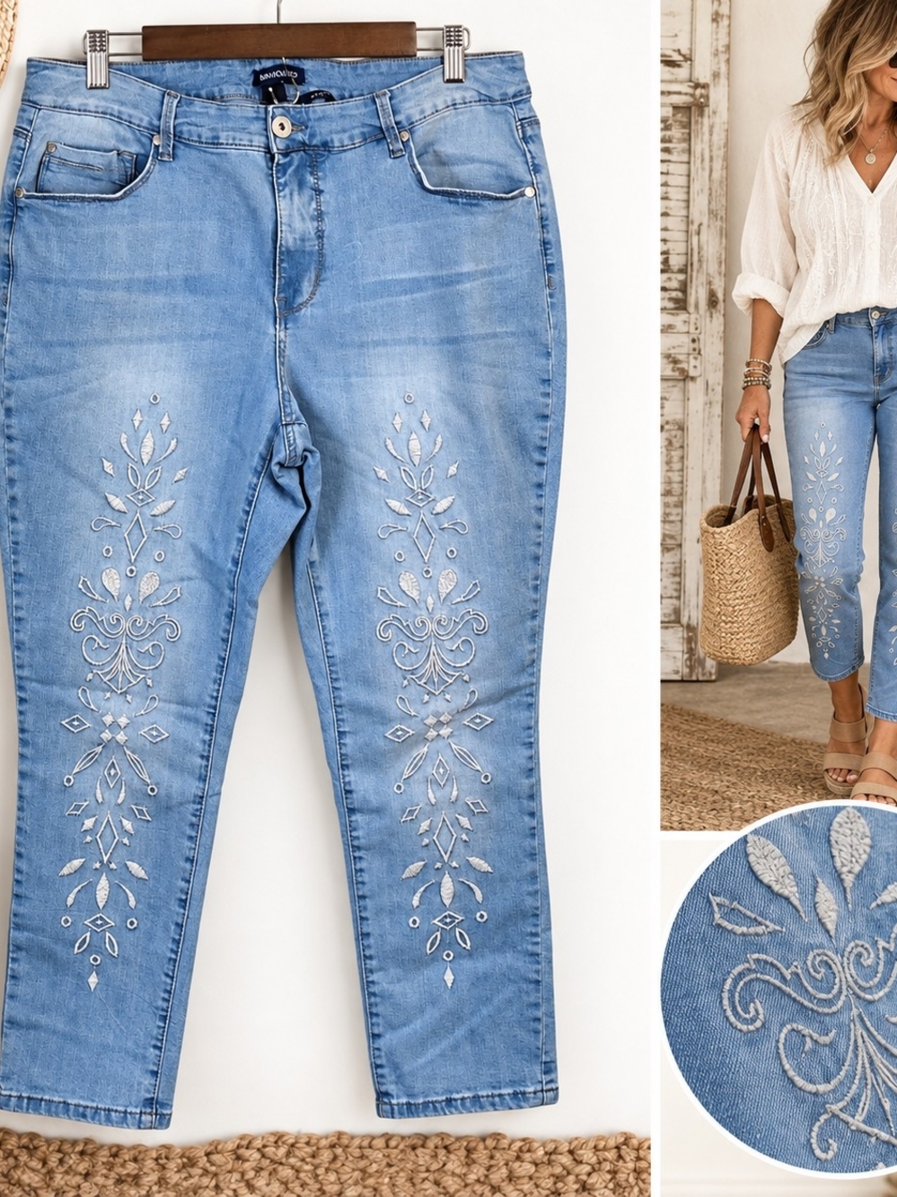 Women's 16W Embroidered Capri Jeans Light Wash Boho Western Coastal Cowgirl